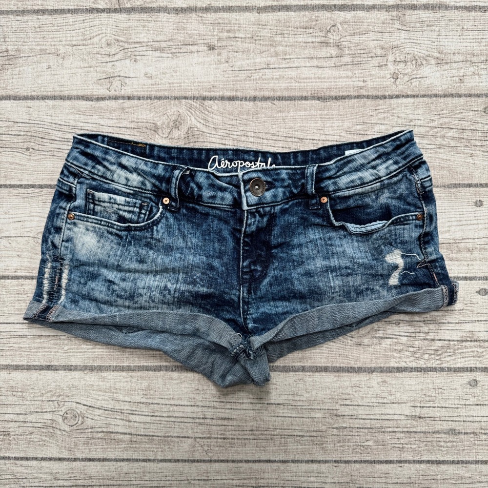 Aeropostale Booty Shorts Women's 6 Blue Acid Wash Low Rise Fit Distressed Summer